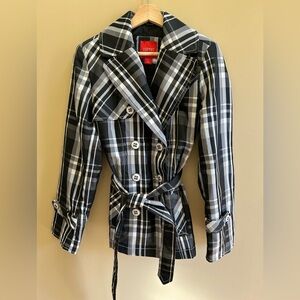 Espirit Black/White Plaid Trench Over Coat Womens Layering Classic Size XS